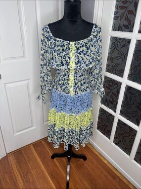 fig and flower Blue and Yellow Floral Tiered Midi Dress